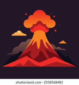 Vector Illustrate a flat design of a volcanic mountain erupting with vibrant lava and ash clouds rising into the sky.