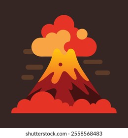 Vector Illustrate a flat design of a volcanic mountain erupting with vibrant lava and ash clouds rising into the sky.