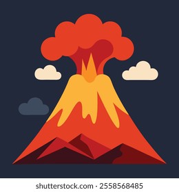 Vector Illustrate a flat design of a volcanic mountain erupting with vibrant lava and ash clouds rising into the sky.