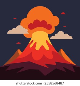 Vector Illustrate a flat design of a volcanic mountain erupting with vibrant lava and ash clouds rising into the sky.