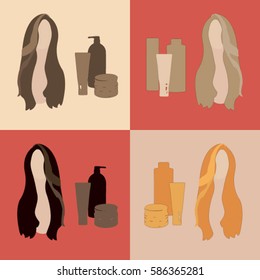Vector illustrate in flat style. The girl with long hair in different colors. A set of bottles, tubes, cans.