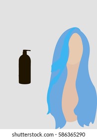 Vector illustrate in flat style. Long blue hair and shampoo bottle.