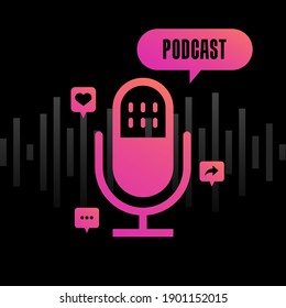 El vector ilustra el icono del micrófono en un espacio negativo en blanco y negro.  Texto del podcast de la emisión de la tabla de micrófono de estudio. Logotipo, aplicación, interfaz de usuario. Icono de radio podcast. 