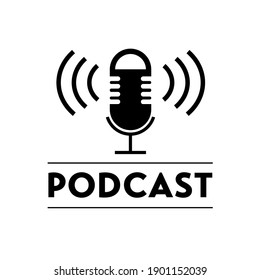 Vector illustrate the microphone icon in a black and white negative space.  Studio microphone table broadcast podcast text. Logo, application, user interface. Podcast radio icon. 