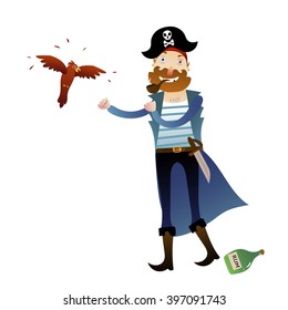vector illustrate pirate, cartoon funny drunken pirate with parrot
