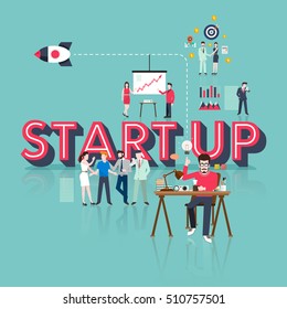Vector illustrate present concept STARTUP with rocket represent success business process. Flat design 