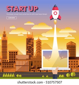 Vector illustrate present concept STARTUP with rocket represent success business process. Flat design 