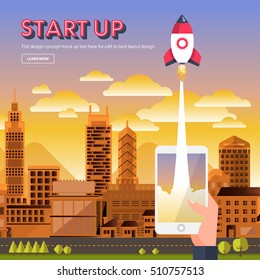 Vector illustrate present concept STARTUP with rocket represent success business process. Flat design 