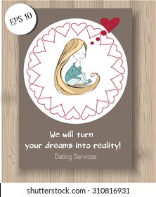 vector illustrated advertising poster of dating services. sketched girl dreaming about love