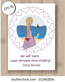 vector illustrated advertising poster of dating services. sketched girl dreaming about love