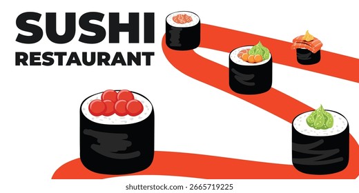 Web publicitario ilustrado de Vector y Anuncio de escritorio con cocina japonesa, comida asiática tradicional que incluye sushi y rollos, perfecto para la marca de restaurantes asiáticos, diseño de menús y promocional
