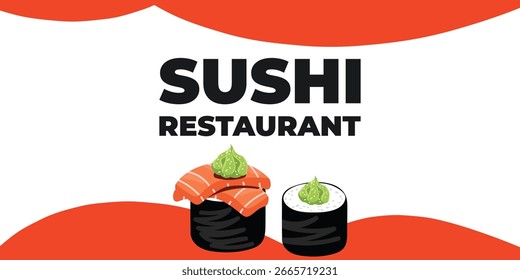 Web publicitario ilustrado de Vector y Anuncio de escritorio con cocina japonesa, comida asiática tradicional que incluye sushi y rollos, perfecto para la marca de restaurantes asiáticos, diseño de menús y promocional