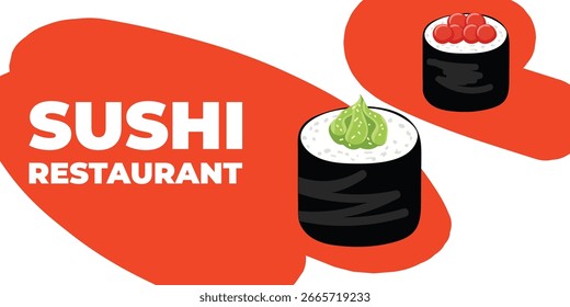 Web publicitario ilustrado de Vector y Anuncio de escritorio con cocina japonesa, comida asiática tradicional que incluye sushi y rollos, perfecto para la marca de restaurantes asiáticos, diseño de menús y promocional