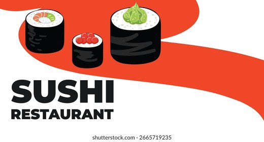 Web publicitario ilustrado de Vector y Anuncio de escritorio con cocina japonesa, comida asiática tradicional que incluye sushi y rollos, perfecto para la marca de restaurantes asiáticos, diseño de menús y promocional