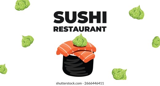 Vector illustrated advertising web and desktop banner with Japanese cuisine, traditional Asian food including sushi and rolls, perfect for Asian restaurant branding, menu design, and promotional
