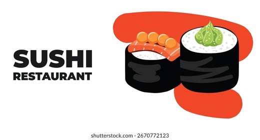 Web publicitario ilustrado de Vector y Anuncio de escritorio con cocina japonesa, comida asiática tradicional que incluye sushi y rollos, perfecto para la marca de restaurantes asiáticos, diseño de menús y promocional