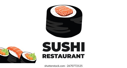Web publicitario ilustrado de Vector y Anuncio de escritorio con cocina japonesa, comida asiática tradicional que incluye sushi y rollos, perfecto para la marca de restaurantes asiáticos, diseño de menús y promocional
