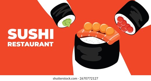 Web publicitario ilustrado de Vector y Anuncio de escritorio con cocina japonesa, comida asiática tradicional que incluye sushi y rollos, perfecto para la marca de restaurantes asiáticos, diseño de menús y promocional