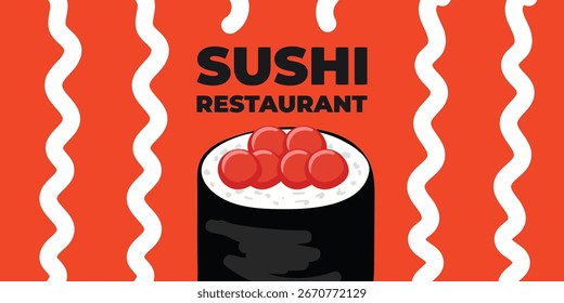 Web publicitario ilustrado de Vector y Anuncio de escritorio con cocina japonesa, comida asiática tradicional que incluye sushi y rollos, perfecto para la marca de restaurantes asiáticos, diseño de menús y promocional