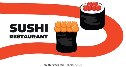 Web publicitario ilustrado de Vector y Anuncio de escritorio con cocina japonesa, comida asiática tradicional que incluye sushi y rollos, perfecto para la marca de restaurantes asiáticos, diseño de menús y promocional