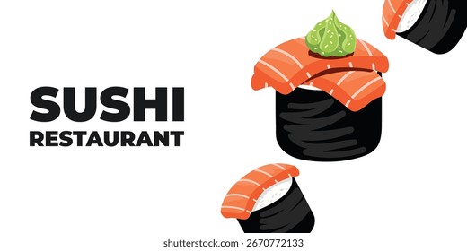 Web publicitario ilustrado de Vector y Anuncio de escritorio con cocina japonesa, comida asiática tradicional que incluye sushi y rollos, perfecto para la marca de restaurantes asiáticos, diseño de menús y promocional