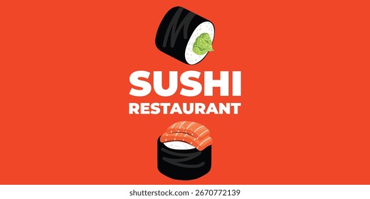 Web publicitario ilustrado de Vector y Anuncio de escritorio con cocina japonesa, comida asiática tradicional que incluye sushi y rollos, perfecto para la marca de restaurantes asiáticos, diseño de menús y promocional
