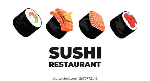 Web publicitario ilustrado de Vector y Anuncio de escritorio con cocina japonesa, comida asiática tradicional que incluye sushi y rollos, perfecto para la marca de restaurantes asiáticos, diseño de menús y promocional