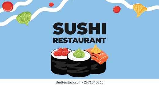 Web publicitario ilustrado de Vector y Anuncio de escritorio con cocina japonesa, comida asiática tradicional que incluye sushi y rollos, perfecto para la marca de restaurantes asiáticos, diseño de menús y promocional