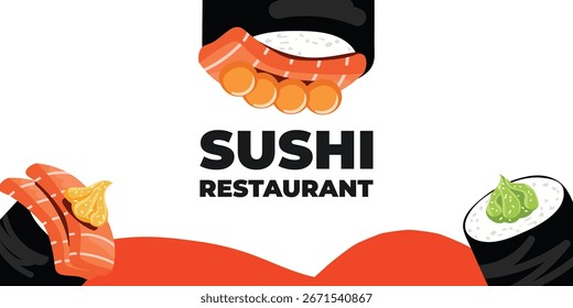 Web publicitario ilustrado de Vector y Anuncio de escritorio con cocina japonesa, comida asiática tradicional que incluye sushi y rollos, perfecto para la marca de restaurantes asiáticos, diseño de menús y promocional