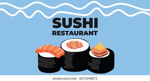 Web publicitario ilustrado de Vector y Anuncio de escritorio con cocina japonesa, comida asiática tradicional que incluye sushi y rollos, perfecto para la marca de restaurantes asiáticos, diseño de menús y promocional