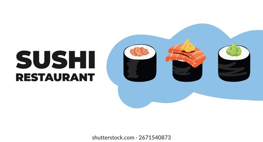 Web publicitario ilustrado de Vector y Anuncio de escritorio con cocina japonesa, comida asiática tradicional que incluye sushi y rollos, perfecto para la marca de restaurantes asiáticos, diseño de menús y promocional