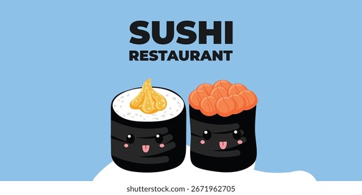 Web publicitario ilustrado de Vector y Anuncio de escritorio con cocina japonesa, comida asiática tradicional que incluye sushi y rollos, perfecto para la marca de restaurantes asiáticos, diseño de menús y promocional