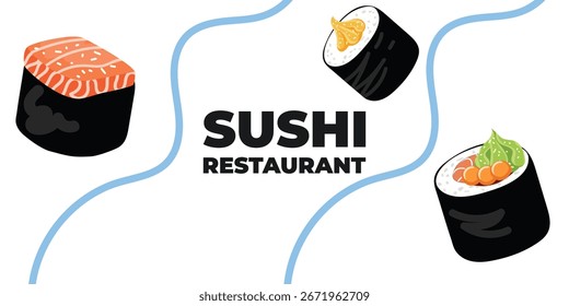 Vetor ilustrado publicidade web e banner desktop com cozinha japonesa, comida asiática tradicional, incluindo sushi e rolos, perfeito para marca de restaurante asiático, design de menu e promocional