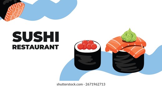Web publicitario ilustrado de Vector y Anuncio de escritorio con cocina japonesa, comida asiática tradicional que incluye sushi y rollos, perfecto para la marca de restaurantes asiáticos, diseño de menús y promocional