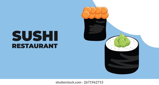 Web publicitario ilustrado de Vector y Anuncio de escritorio con cocina japonesa, comida asiática tradicional que incluye sushi y rollos, perfecto para la marca de restaurantes asiáticos, diseño de menús y promocional