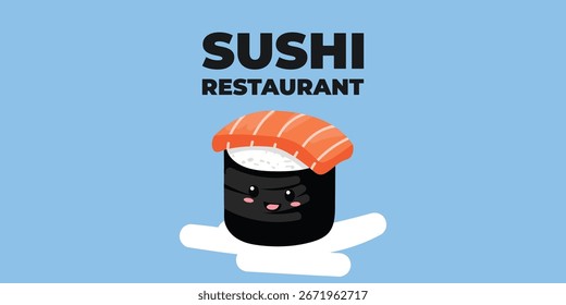 Web publicitario ilustrado de Vector y Anuncio de escritorio con cocina japonesa, comida asiática tradicional que incluye sushi y rollos, perfecto para la marca de restaurantes asiáticos, diseño de menús y promocional