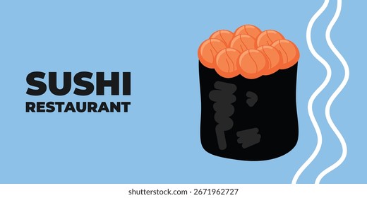 Web publicitario ilustrado de Vector y Anuncio de escritorio con cocina japonesa, comida asiática tradicional que incluye sushi y rollos, perfecto para la marca de restaurantes asiáticos, diseño de menús y promocional