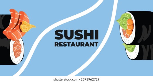 Web publicitario ilustrado de Vector y Anuncio de escritorio con cocina japonesa, comida asiática tradicional que incluye sushi y rollos, perfecto para la marca de restaurantes asiáticos, diseño de menús y promocional