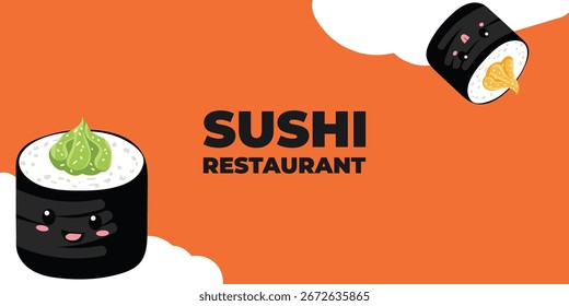 Web publicitario ilustrado de Vector y Anuncio de escritorio con cocina japonesa, comida asiática tradicional que incluye sushi y rollos, perfecto para la marca de restaurantes asiáticos, diseño de menús y promocional
