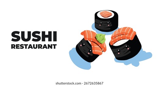 Vector illustrated advertising web and desktop banner with Japanese cuisine, traditional Asian food including sushi and rolls, perfect for Asian restaurant branding, menu design, and promotional