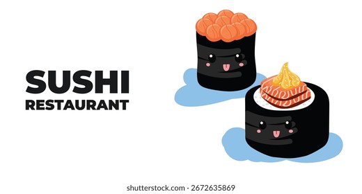 Web publicitario ilustrado de Vector y Anuncio de escritorio con cocina japonesa, comida asiática tradicional que incluye sushi y rollos, perfecto para la marca de restaurantes asiáticos, diseño de menús y promocional