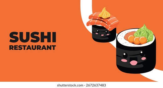 Vetor ilustrado publicidade web e banner desktop com cozinha japonesa, comida asiática tradicional, incluindo sushi e rolos, perfeito para marca de restaurante asiático, design de menu e promocional