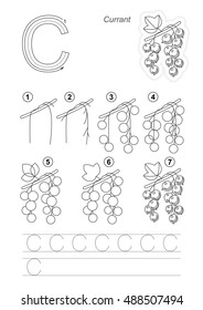Vector illustrated alphabet with kid educational games to learn handwriting, with easy game level for preschool children. Drawing tutorial for letter C. Black currant.