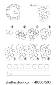 Vector illustrated alphabet with kid educational games to learn handwriting, with easy game level for preschool children. Drawing tutorial for letter G. Sweet grapes.