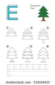 Vector illustrated alphabet with kid educational games to learn handwriting, with easy game level for preschool children. Drawing tutorial for letter E. The evergreen tree.