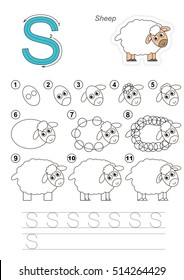 Vector illustrated alphabet with kid educational games to learn handwriting, with easy game level for preschool children. Drawing tutorial for letter S. The funny sheep.