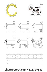 Vector illustrated alphabet with kid educational games to learn handwriting. Drawing tutorial for letter C. The cow.