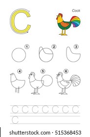 Vector illustrated alphabet with kid educational games to learn handwriting, with easy game level for preschool children. Drawing tutorial for letter C. The cock.