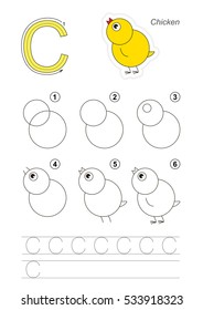 Vector illustrated alphabet with kid educational games to learn handwriting with easy game level for preschool children, kid drawing tutorial for letter C. Chicken.