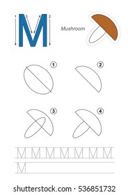 Vector illustrated alphabet with kid educational games to learn handwriting with easy game level for preschool children, kid drawing tutorial for letter M. Mushroom.